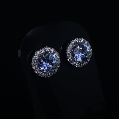 Round Sapphire And Diamond Halo Cluster Earrings
