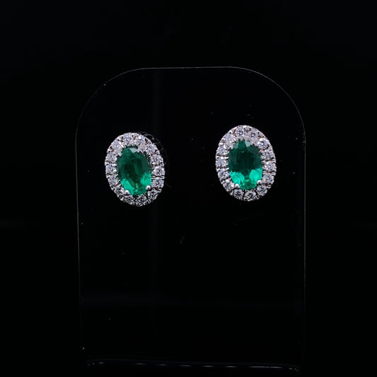 0.92ct Oval Emerald And Diamond Cluster Stud Earrings
