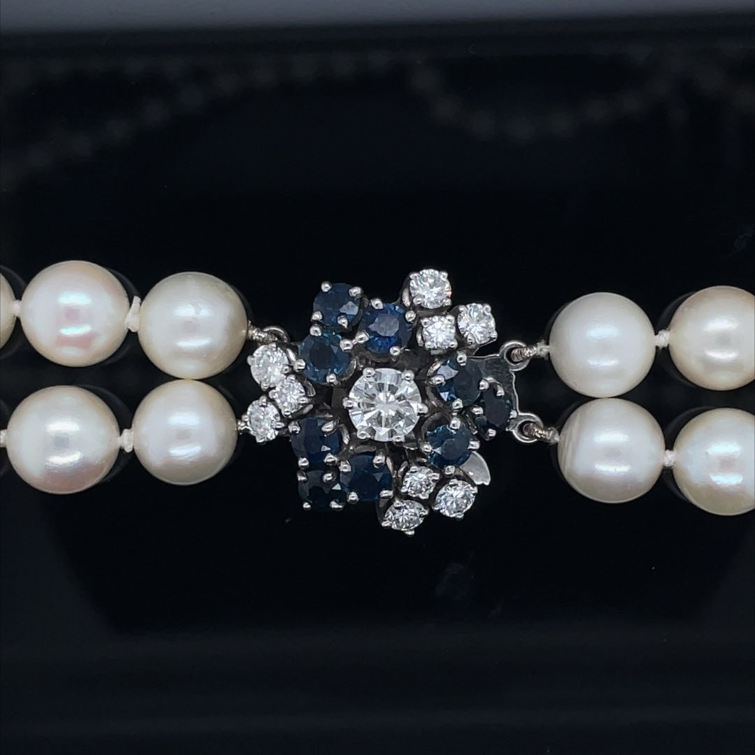 Two Row Pearl Necklace With a Sapphire And Diamond Clasp