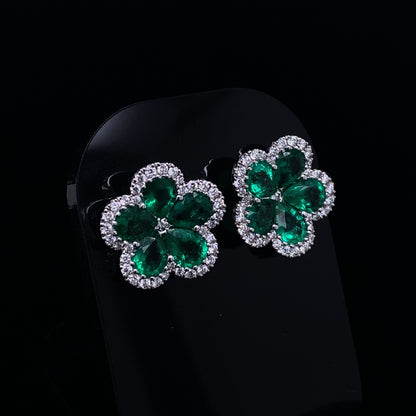 2.35ct Pear Cut Emerald And Diamond Flower Cluster Stud Earrings