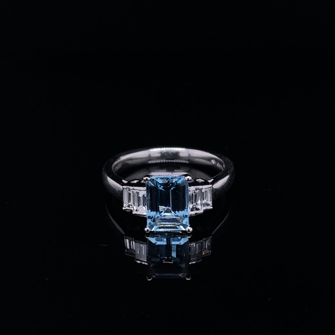 1.25ct Emerald Cut Aquamarine And Diamond Five Stone Ring