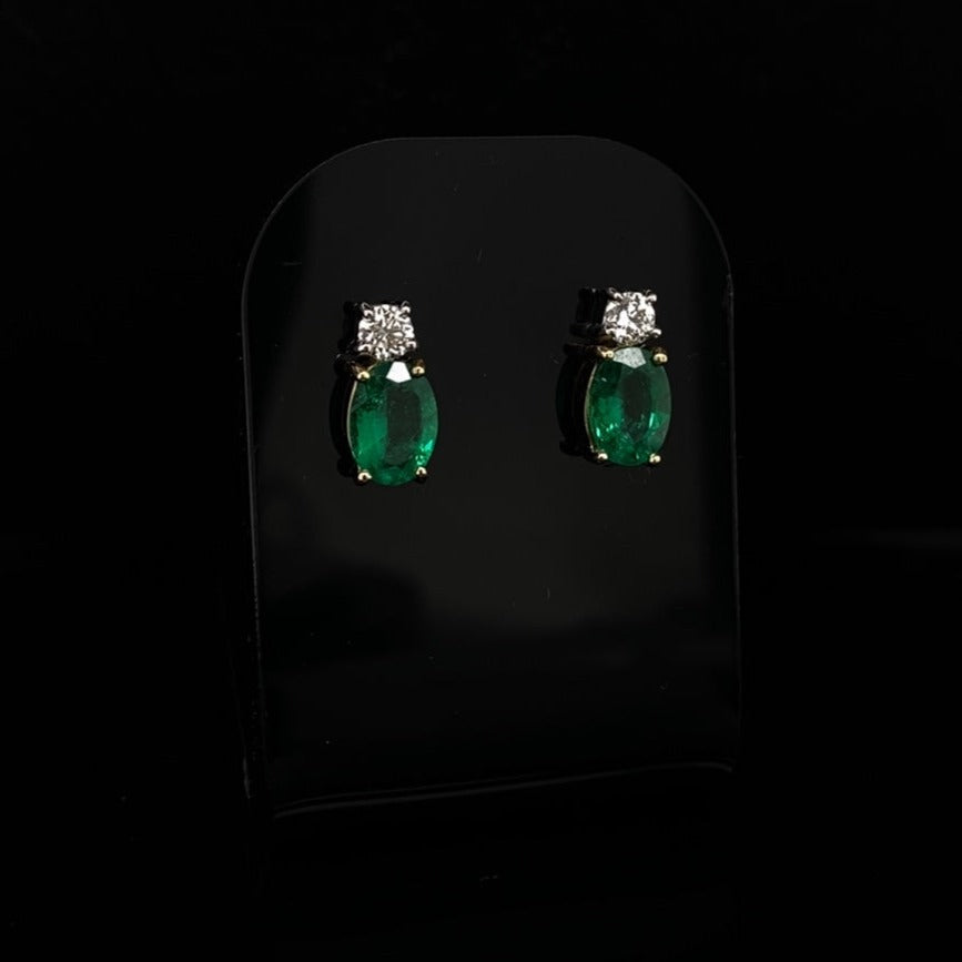 Oval Emerald And Round Diamond Stud Earrings