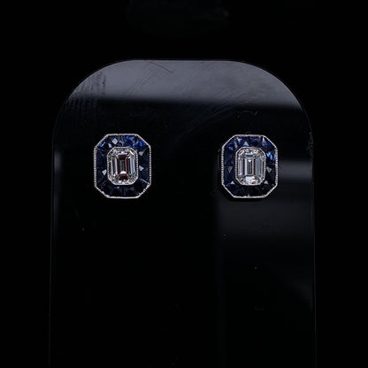 0.50ct Emerald Cut Diamond And Calibre Sapphire Cluster Earrings